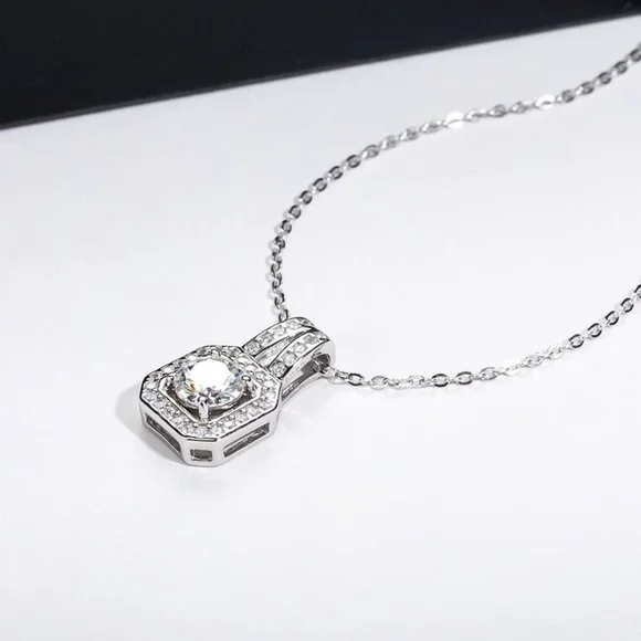 Certified 2ct. t.w. Moissanite Diamond Square Halo Pendant Necklace NEW - Picture 10 of 15